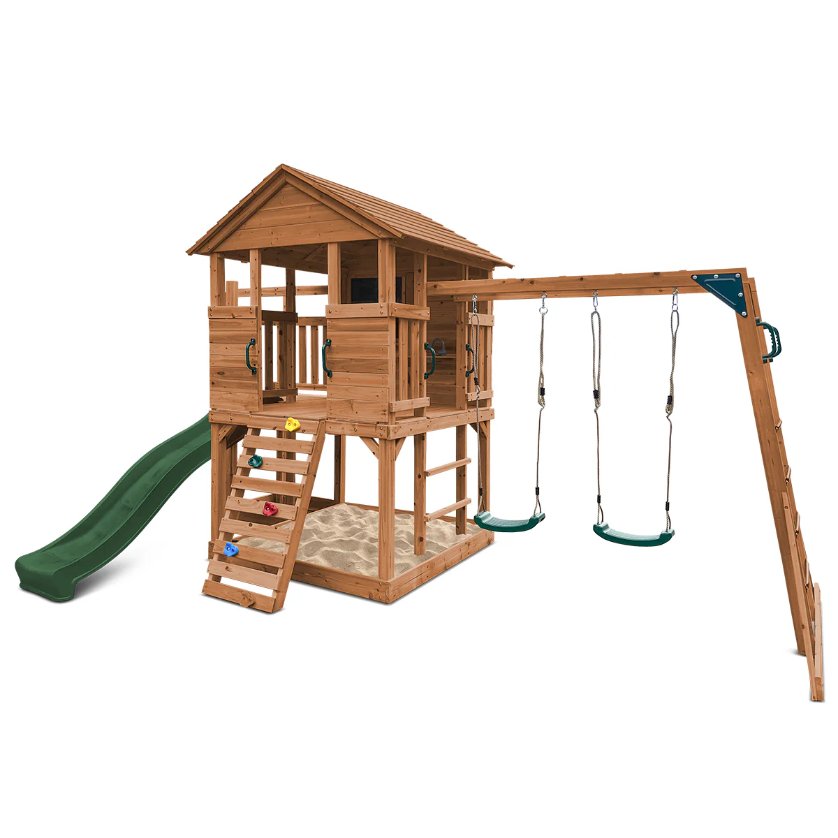 Kingston Cubby House, Monkey Bars & Swing Set with 2.2m Slide (Green) - Image 3