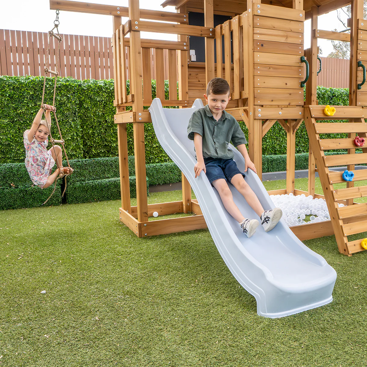 Kingston Cubby House, Monkey Bars & Swing Set with 2.2m Slide (Pastel Blue) - Image 4
