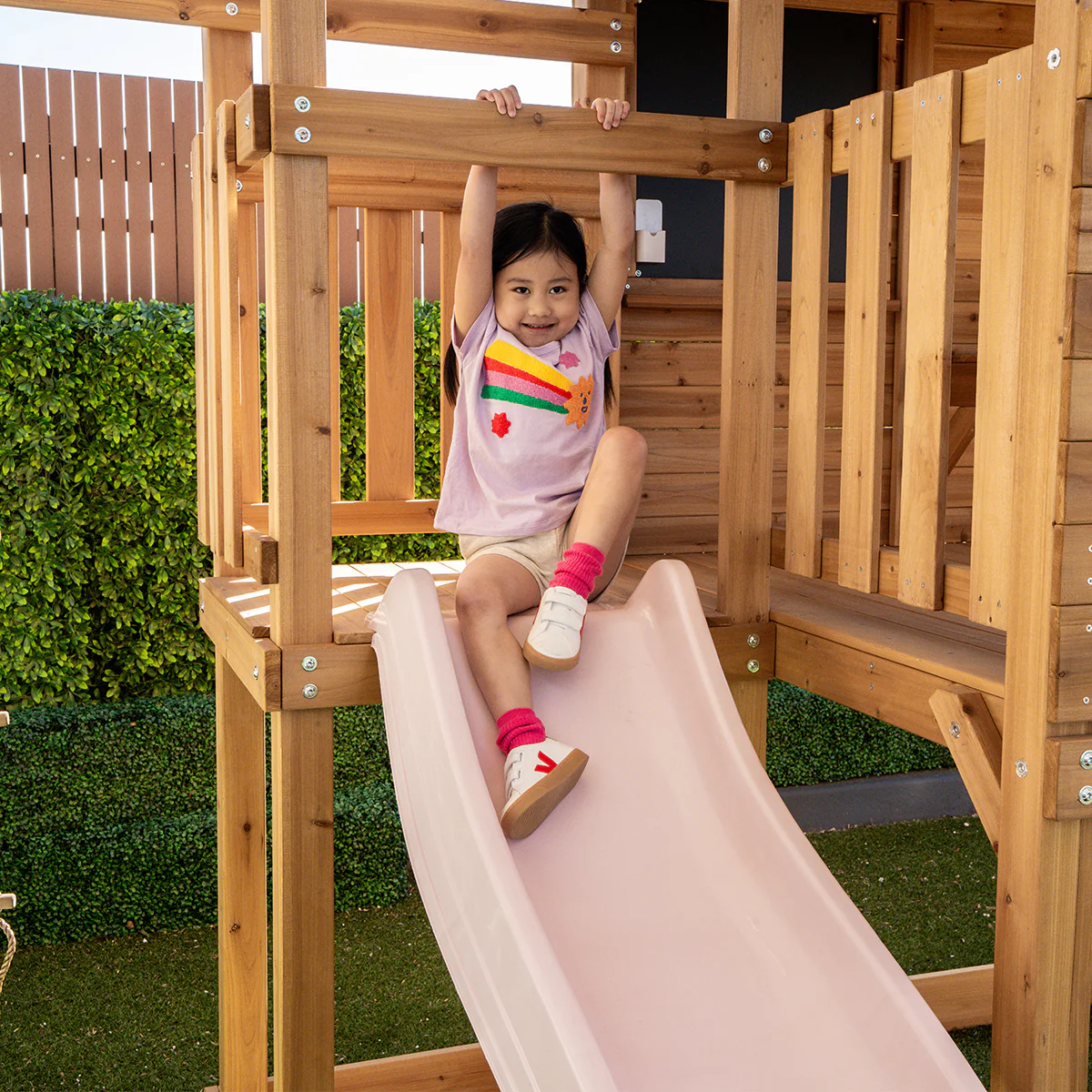 Kingston Cubby House, Monkey Bars & Swing Set with 2.2m Slide (Pastel Pink) - Image 4