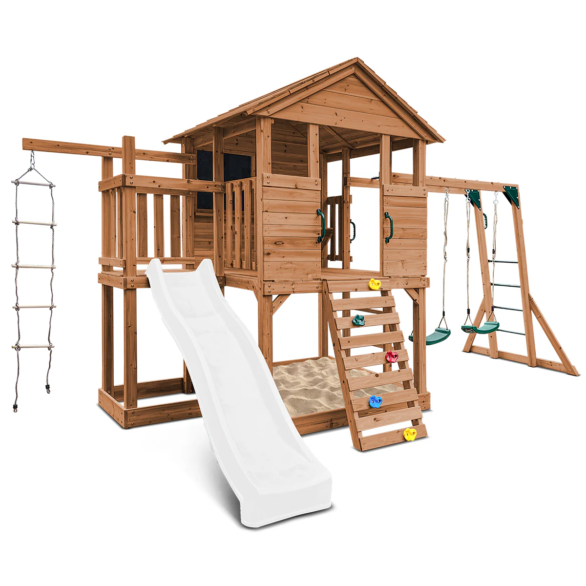 Kingston Cubby House, Monkey Bars & Swing Set with 2.2m Slide (White)