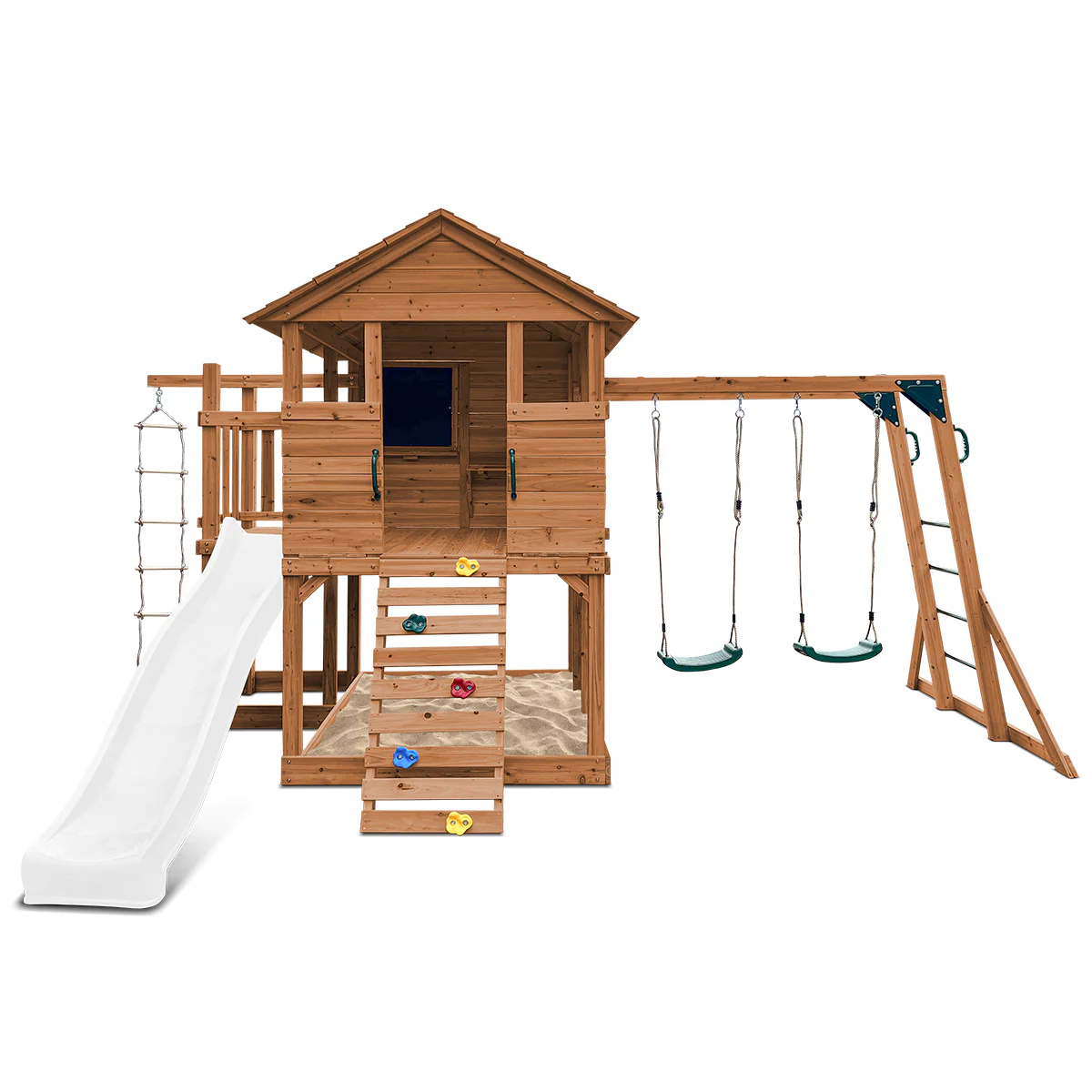 Kingston Cubby House, Monkey Bars & Swing Set with 2.2m Slide (White) - Image 2