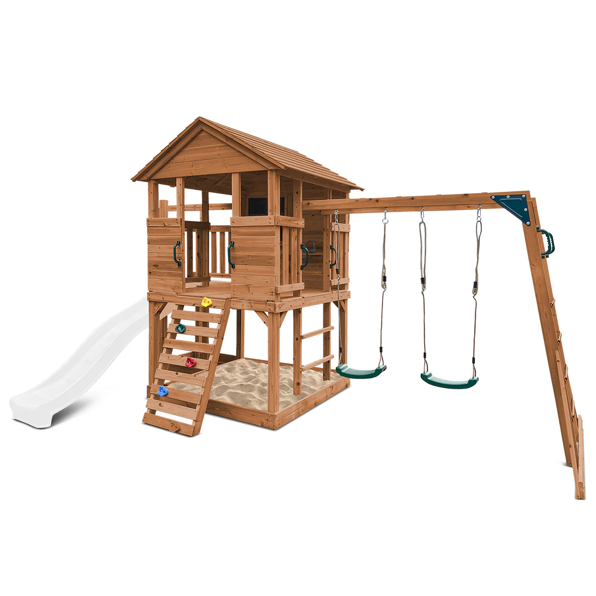 Kingston Cubby House, Monkey Bars & Swing Set with 2.2m Slide (White) - Image 3