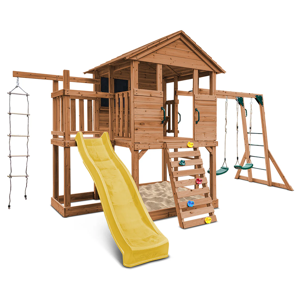 Kingston Cubby House, Monkey Bars & Swing Set with 2.2m Slide (Yellow)